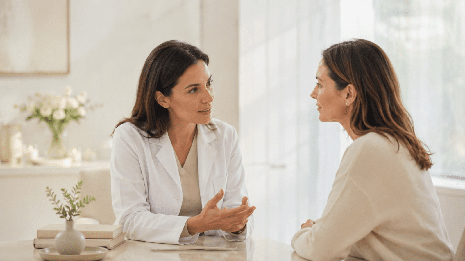 Cosmetisch arts in gesprek met een cliënt tijdens een consult